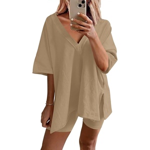 image:imageEkouaer Womens Pajamas 2 Piece Lounge Sets Oversized V Neck TShirts Tops Biker Shorts Set Workout Reversible Tracksuit SXXLKhaki