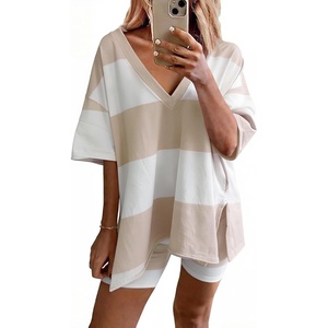 image:imageEkouaer Womens Pajamas 2 Piece Lounge Sets Oversized V Neck TShirts Tops Biker Shorts Set Workout Reversible Tracksuit SXXLKhakiStripes