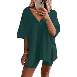 image:imageEkouaer Womens Pajamas 2 Piece Lounge Sets Oversized V Neck TShirts Tops Biker Shorts Set Workout Reversible Tracksuit SXXLLake Green