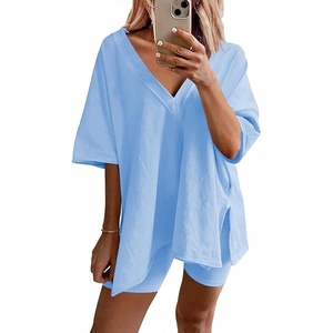 image:imageEkouaer Womens Pajamas 2 Piece Lounge Sets Oversized V Neck TShirts Tops Biker Shorts Set Workout Reversible Tracksuit SXXLLight Blue