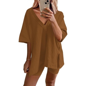 image:imageEkouaer Womens Pajamas 2 Piece Lounge Sets Oversized V Neck TShirts Tops Biker Shorts Set Workout Reversible Tracksuit SXXLLight Brown