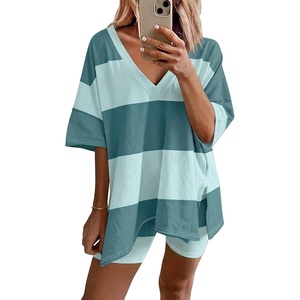 image:imageEkouaer Womens Pajamas 2 Piece Lounge Sets Oversized V Neck TShirts Tops Biker Shorts Set Workout Reversible Tracksuit SXXLLight GreenStripes