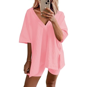 image:imageEkouaer Womens Pajamas 2 Piece Lounge Sets Oversized V Neck TShirts Tops Biker Shorts Set Workout Reversible Tracksuit SXXLOrange Pink