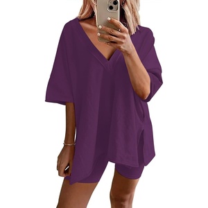 image:imageEkouaer Womens Pajamas 2 Piece Lounge Sets Oversized V Neck TShirts Tops Biker Shorts Set Workout Reversible Tracksuit SXXLPurple