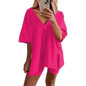 image:imageEkouaer Womens Pajamas 2 Piece Lounge Sets Oversized V Neck TShirts Tops Biker Shorts Set Workout Reversible Tracksuit SXXLRose Red
