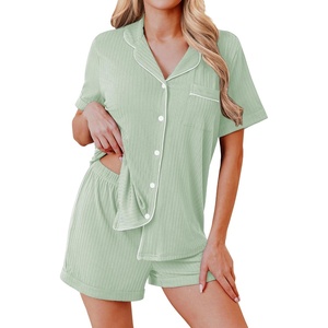image:imageEkouaer Womens Pajamas 2 Piece Ribbed Knit Pjs Button Down Sleepwear Set Summer Casual Loungewear Lounge SetsLight Green
