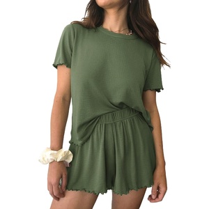 image:imageEkouaer Womens Pajamas 2 Piece Ribbed Knit Pjs Short Sleeve Sleepwear Set Summer Soft Pajamas Set Casual Lounge SetsArmy Green