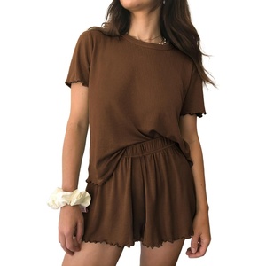 image:imageEkouaer Womens Pajamas 2 Piece Ribbed Knit Pjs Short Sleeve Sleepwear Set Summer Soft Pajamas Set Casual Lounge SetsBrown
