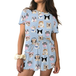 image:imageEkouaer Womens Pajamas 2 Piece Ribbed Knit Pjs Short Sleeve Sleepwear Set Summer Soft Pajamas Set Casual Lounge SetsCats