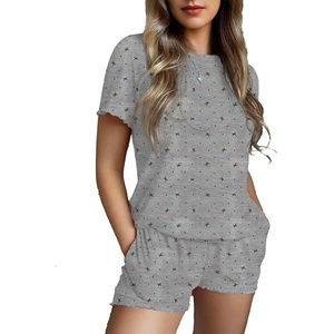 image:imageEkouaer Womens Pajamas 2 Piece Ribbed Knit Pjs Short Sleeve Sleepwear Set Summer Soft Pajamas Set Casual Lounge SetsGrey Bow