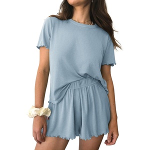 image:imageEkouaer Womens Pajamas 2 Piece Ribbed Knit Pjs Short Sleeve Sleepwear Set Summer Soft Pajamas Set Casual Lounge SetsLight Blue