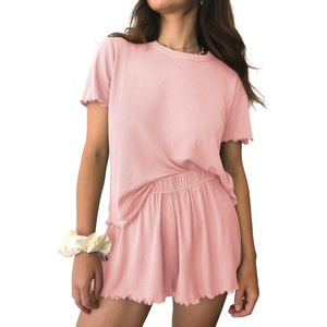 image:imageEkouaer Womens Pajamas 2 Piece Ribbed Knit Pjs Short Sleeve Sleepwear Set Summer Soft Pajamas Set Casual Lounge SetsLight Pink