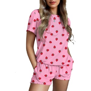 image:imageEkouaer Womens Pajamas 2 Piece Ribbed Knit Pjs Short Sleeve Sleepwear Set Summer Soft Pajamas Set Casual Lounge SetsPink Cherry Bow