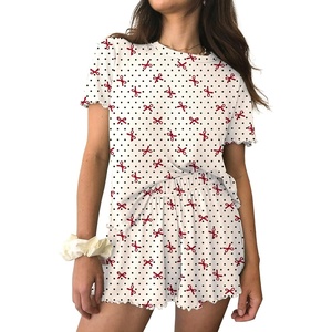 image:imageEkouaer Womens Pajamas 2 Piece Ribbed Knit Pjs Short Sleeve Sleepwear Set Summer Soft Pajamas Set Casual Lounge SetsPoints Bow Tie