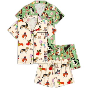 image:imageEkouaer Womens Pajamas Set 2 Pack Button Down Summer Sleepwear Short Sleeve Comfy Pjs Loungewear SetGreen Cat PrintChampagne Dog Print