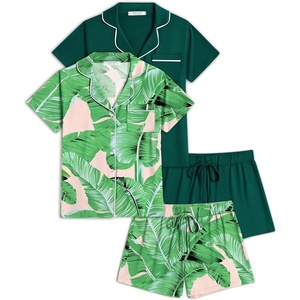 image:imageEkouaer Womens Pajamas Set 2 Pack Button Down Summer Sleepwear Short Sleeve Comfy Pjs Loungewear SetGreenNavy Leaves