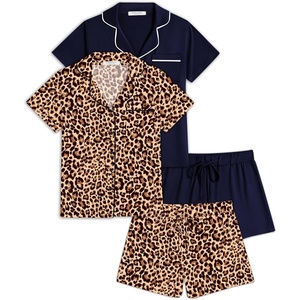 image:imageEkouaer Womens Pajamas Set 2 Pack Button Down Summer Sleepwear Short Sleeve Comfy Pjs Loungewear SetNavy BlueBrown Leopard
