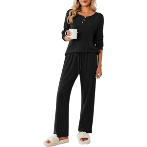 image:imageEkouaer Womens Pajamas Set 2 Piece Lounge Sets Ribbed Knit Button Down Pjs Set Fleece Long Sleeve SleepwearBlack
