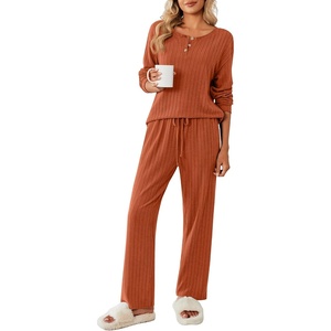 image:imageEkouaer Womens Pajamas Set 2 Piece Lounge Sets Ribbed Knit Button Down Pjs Set Fleece Long Sleeve SleepwearBrick Red
