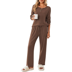 image:imageEkouaer Womens Pajamas Set 2 Piece Lounge Sets Ribbed Knit Button Down Pjs Set Fleece Long Sleeve SleepwearBrown