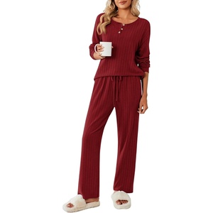 image:imageEkouaer Womens Pajamas Set 2 Piece Lounge Sets Ribbed Knit Button Down Pjs Set Fleece Long Sleeve SleepwearBurgundy