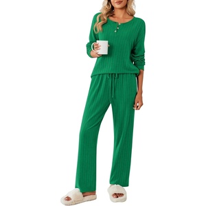 image:imageEkouaer Womens Pajamas Set 2 Piece Lounge Sets Ribbed Knit Button Down Pjs Set Fleece Long Sleeve SleepwearForest Green