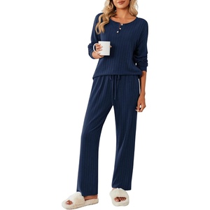 image:imageEkouaer Womens Pajamas Set 2 Piece Lounge Sets Ribbed Knit Button Down Pjs Set Fleece Long Sleeve SleepwearNavy Blue