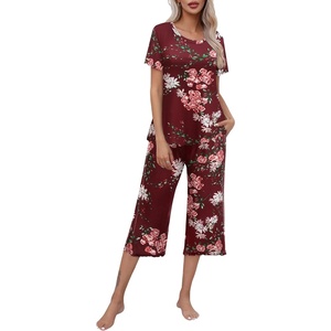 image:imageEkouaer Womens Pajamas Set Short Sleeve Top With Capri Pants Pjs Lounge amp Sleepwear Set SXXL02 Floral Wine