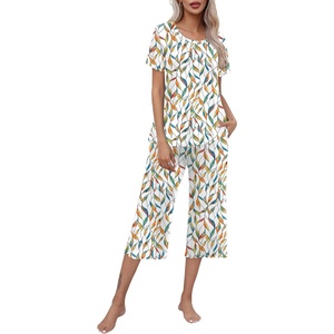image:imageEkouaer Womens Pajamas Set Short Sleeve Top With Capri Pants Pjs Lounge amp Sleepwear Set SXXL0white With Leaves