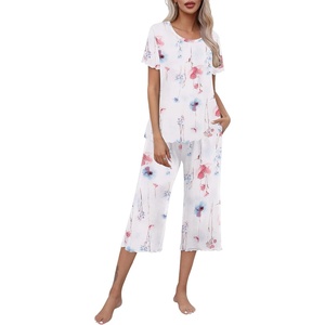 image:imageEkouaer Womens Pajamas Set Short Sleeve Top With Capri Pants Pjs Lounge amp Sleepwear Set SXXL0white With Pink Flowers