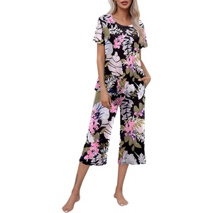 image:imageEkouaer Womens Pajamas Set Short Sleeve Top With Capri Pants Pjs Lounge amp Sleepwear Set SXXLArmy GreenPinkBlack White Leaf