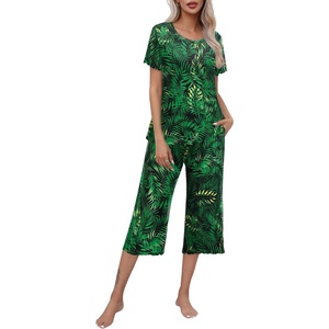 image:imageEkouaer Womens Pajamas Set Short Sleeve Top With Capri Pants Pjs Lounge amp Sleepwear Set SXXLBlackDark Green Leaves