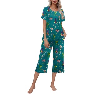 image:imageEkouaer Womens Pajamas Set Short Sleeve Top With Capri Pants Pjs Lounge amp Sleepwear Set SXXLDark GreenCarton Print