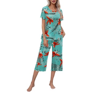image:imageEkouaer Womens Pajamas Set Short Sleeve Top With Capri Pants Pjs Lounge amp Sleepwear Set SXXLLake BlueOrange Flower