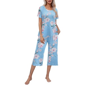 image:imageEkouaer Womens Pajamas Set Short Sleeve Top With Capri Pants Pjs Lounge amp Sleepwear Set SXXLLight BlueWhit Flower
