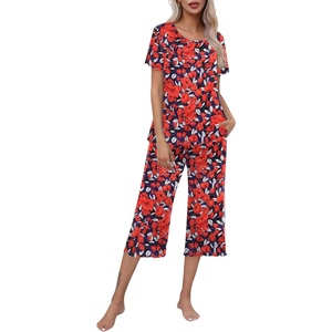 image:imageEkouaer Womens Pajamas Set Short Sleeve Top With Capri Pants Pjs Lounge amp Sleepwear Set SXXLNavy With Red Flower