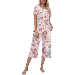 image:imageEkouaer Womens Pajamas Set Short Sleeve Top With Capri Pants Pjs Lounge amp Sleepwear Set SXXLWhiteRed Flower