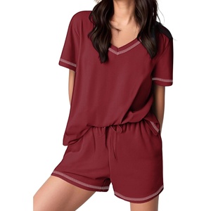image:imageEkouaer Womens Pajamas Sets Soft 95 Cotton Pjs Short Sleeve Lounge Sets Casual Two Piece Pjs With PocketsWine Red