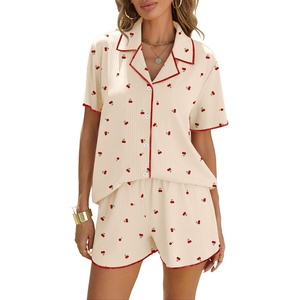 image:imageEkouaer Womens Ribbed Button Down Pajamas Sets 2 Piece Short Sleeve Shorts Pjs Knit Lounge SetsCherry Light Yellow