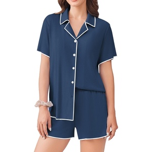 image:imageEkouaer Womens Ribbed Button Down Pajamas Sets 2 Piece Short Sleeve Shorts Pjs Knit Lounge SetsDeep Blue