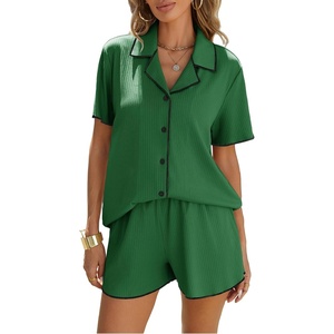 image:imageEkouaer Womens Ribbed Button Down Pajamas Sets 2 Piece Short Sleeve Shorts Pjs Knit Lounge SetsGreen
