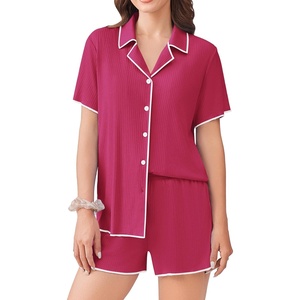 image:imageEkouaer Womens Ribbed Button Down Pajamas Sets 2 Piece Short Sleeve Shorts Pjs Knit Lounge SetsHot Pink