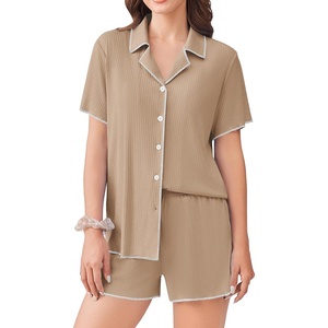 image:imageEkouaer Womens Ribbed Button Down Pajamas Sets 2 Piece Short Sleeve Shorts Pjs Knit Lounge SetsKhakiWhite