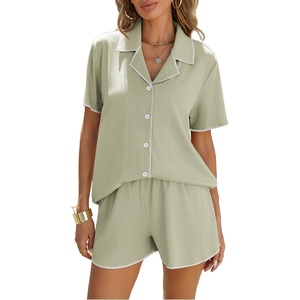 image:imageEkouaer Womens Ribbed Button Down Pajamas Sets 2 Piece Short Sleeve Shorts Pjs Knit Lounge SetsLight Green