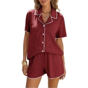 image:imageEkouaer Womens Ribbed Button Down Pajamas Sets 2 Piece Short Sleeve Shorts Pjs Knit Lounge SetsMaroon Red