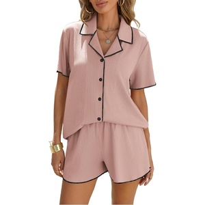 image:imageEkouaer Womens Ribbed Button Down Pajamas Sets 2 Piece Short Sleeve Shorts Pjs Knit Lounge SetsPeach Pink