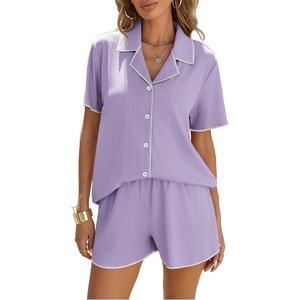 image:imageEkouaer Womens Ribbed Button Down Pajamas Sets 2 Piece Short Sleeve Shorts Pjs Knit Lounge SetsPurple