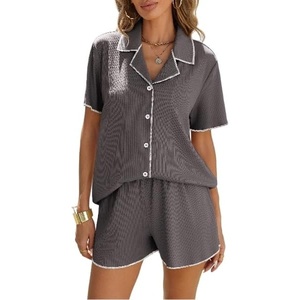 image:imageEkouaer Womens Ribbed Button Down Pajamas Sets 2 Piece Short Sleeve Shorts Pjs Knit Lounge SetsSteel Gray