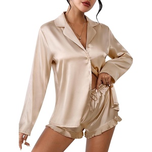 image:imageEkouaer Womens Satin Pajama Sets Long Sleeve Top and Shorts Lounge Set Button Down SleepwearChampagne