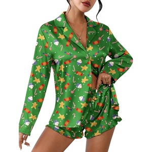 image:imageEkouaer Womens Satin Pajama Sets Long Sleeve Top and Shorts Lounge Set Button Down SleepwearChristmas Green